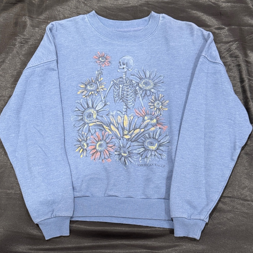 American Eagle Outfitters Blue Floral Skeleton Crewneck Sweater